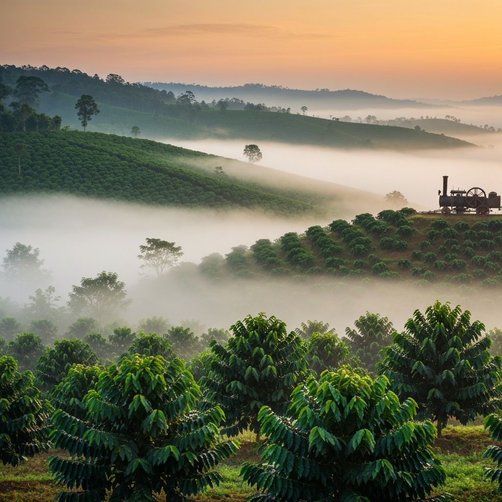 Misty coffee plantation in the hills of India with lush green vegetation